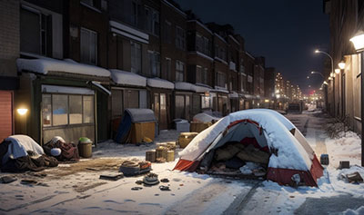 tramps tent in snow at night